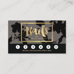 Black Floral Gold Text Nail Salon Gray Loyalty Card