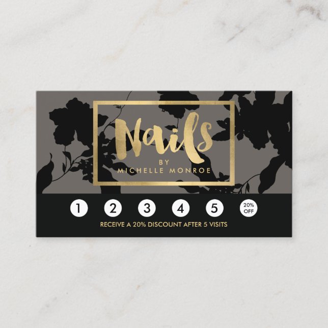 Black Floral Gold Text Nail Salon Gray Loyalty Card (Front)