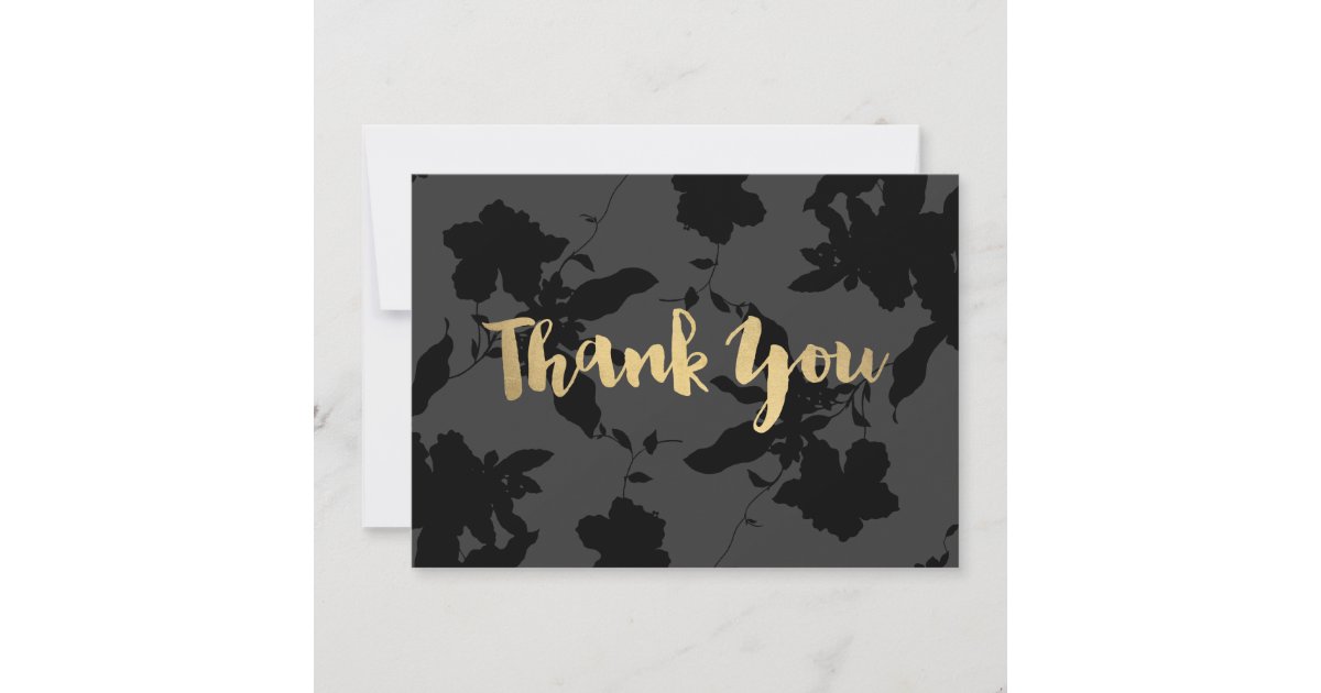 Black Floral Gold Text Thank You Card | Zazzle