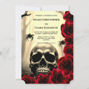 Black Floral Gothic Skull Halloween red roses wedd Invitation