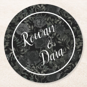 Black Floral Gothic Wedding Round Paper Coaster
