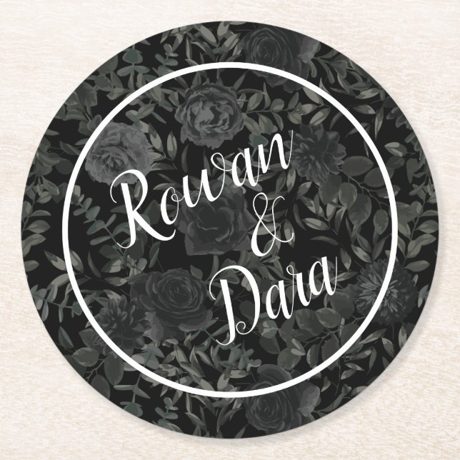 Black Floral Gothic Wedding Round Paper Coaster (Front)