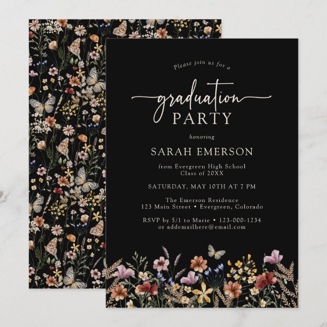 Black Floral Graduation Invitation (Front/Back)