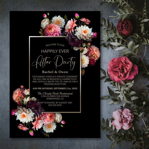 Black Floral Happily Ever After Wedding Reception Invitation