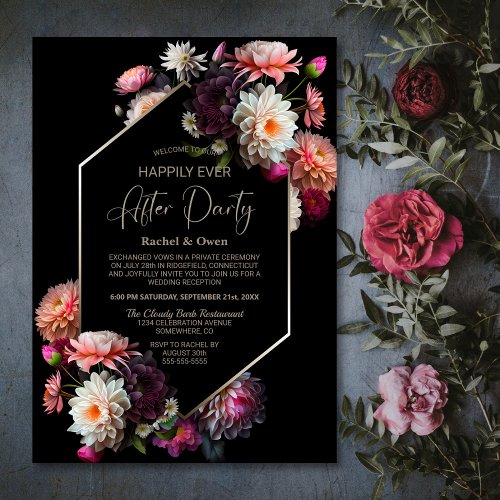 Black Floral Happily Ever After Wedding Reception Invitation