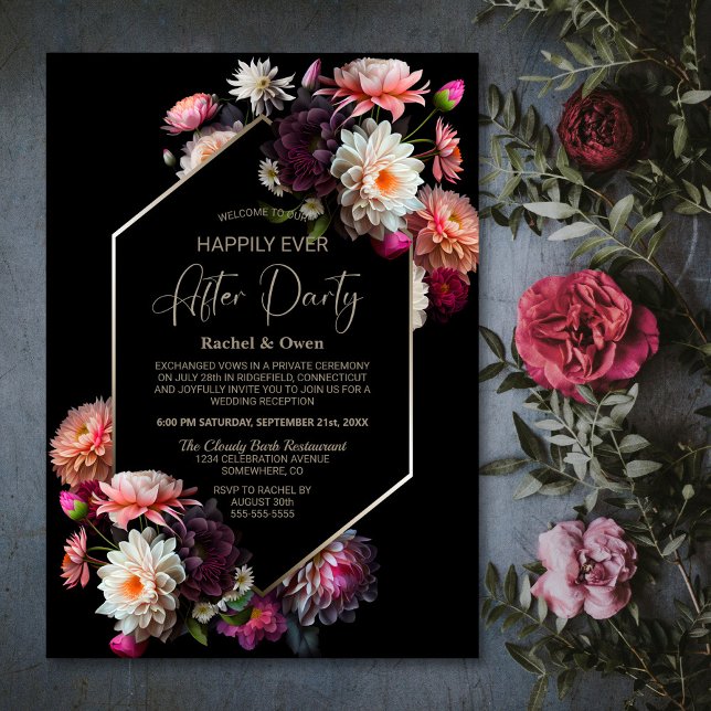 Black Floral Happily Ever After Wedding Reception Invitation (Creator Uploaded)