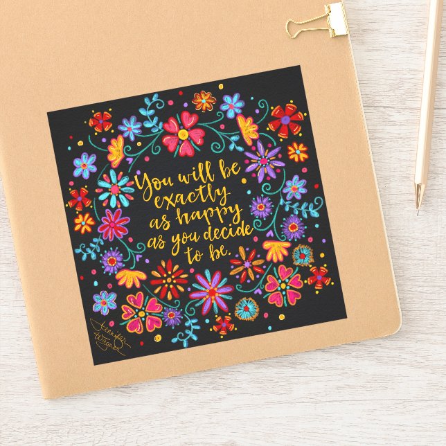 Black Floral Happy as You Decide to Be Quote Sticker (Notebook)