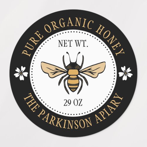 Black Floral Honey Bee Illustration Apiary Labels