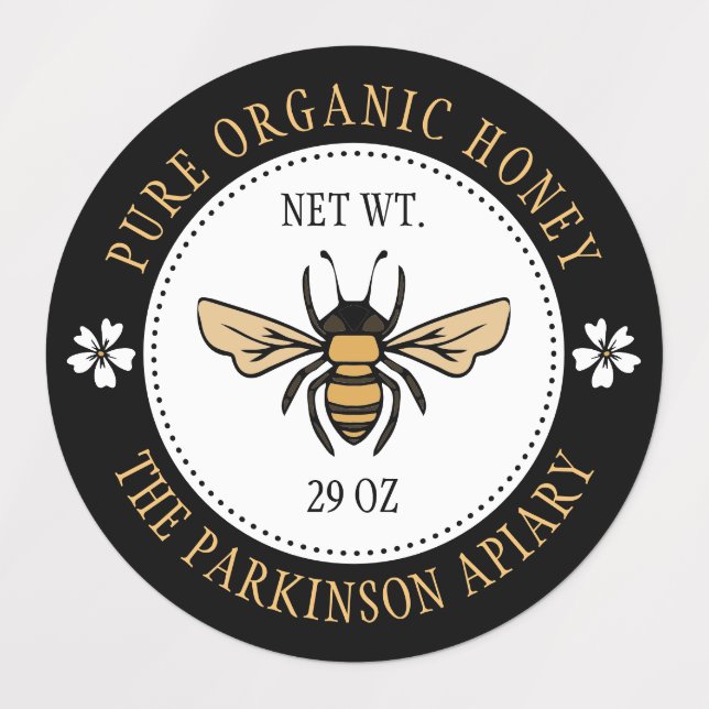 Black Floral Honey Bee Illustration Apiary Labels (Design 1)