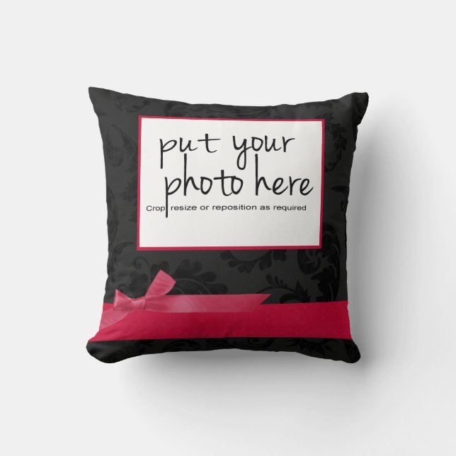 Black Floral Hot Pink Ribbon and Bow Photo Throw Pillow (Front)