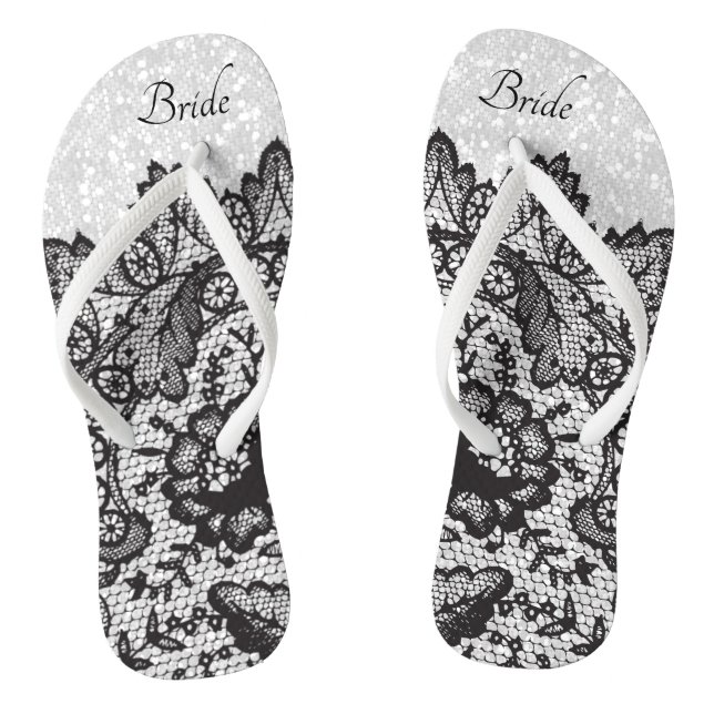 Black Floral Lace and White Glitter Flip Flops (Footbed)