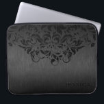 Black Floral Lace gray Metallic Background Laptop Sleeve<br><div class="desc">Black brushed aluminum texture print with black floral lace.  Custom and optional monogram.</div>
