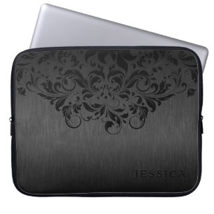 Black Floral Lace gray Metallic Background Laptop Sleeve