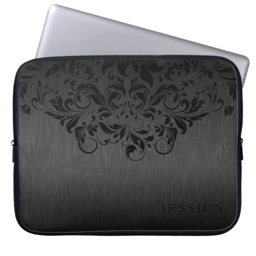 Black Floral Lace gray Metallic Background Laptop Sleeve