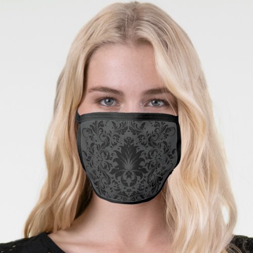 Black floral lace mandala on gray face mask