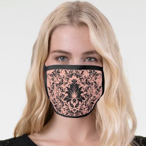 Black floral lace mandala on pink face mask