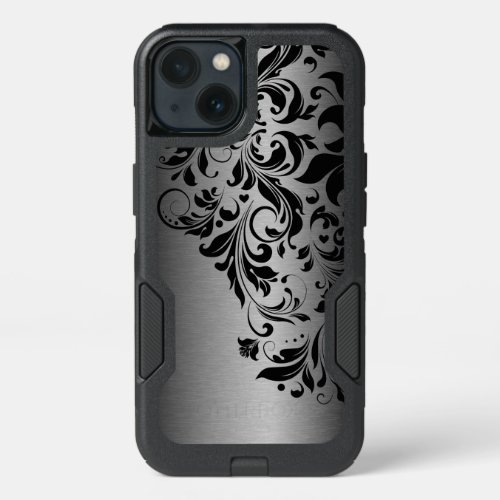 Black Floral Lace  Metallic Gray Texture iPhone 13 Case