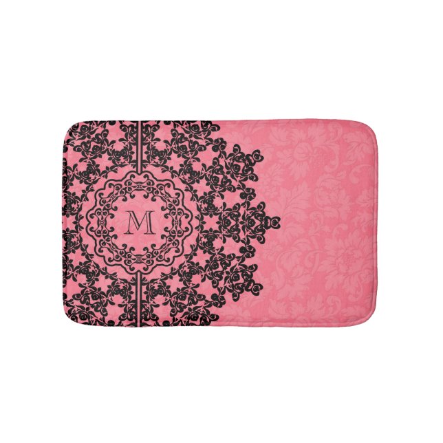 Black Floral Lace Pink Damasks Monogrammed Bathroom Mat (Front)