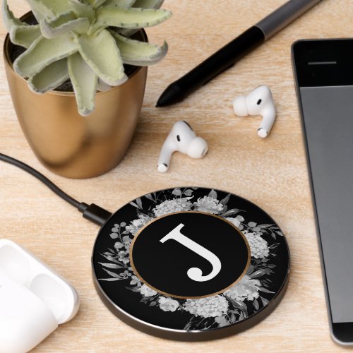 Black Floral Last Name Initial Family Personalized Wireless Charger