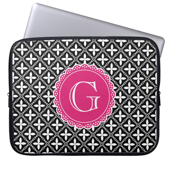 Black Floral Lattice Pattern Hot Pink Monogram Laptop Sleeve (Front)