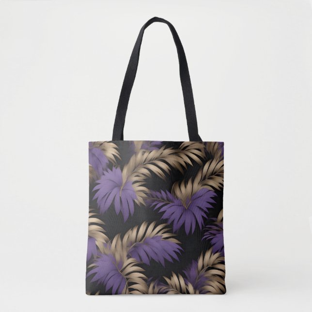 Black floral leaf print tote bag (Front)
