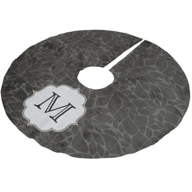 Black Floral Leaf Tree Monogram Initial Tree Skirt (Angled)