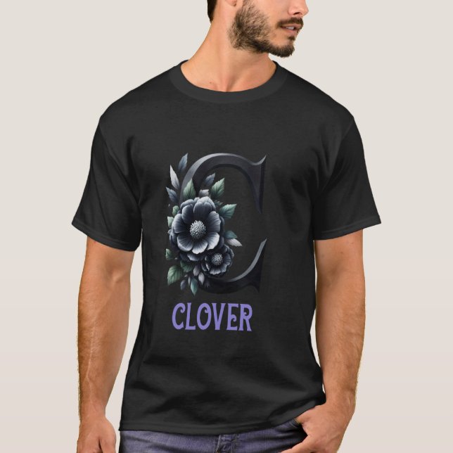 Black Floral Letter Clover Alphabet Girl Name T-Shirt (Front)