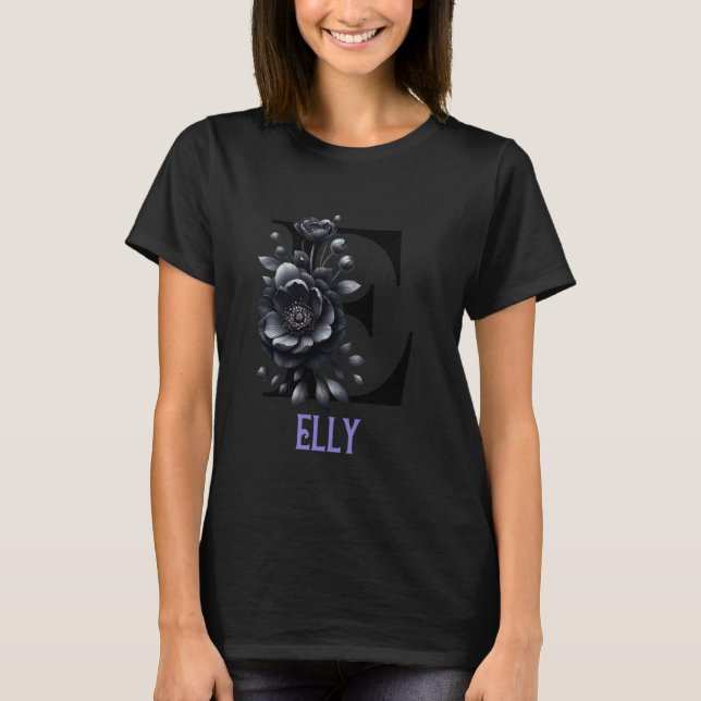 Black Floral Letter Elly Alphabet Girl Name T-Shirt (Front)
