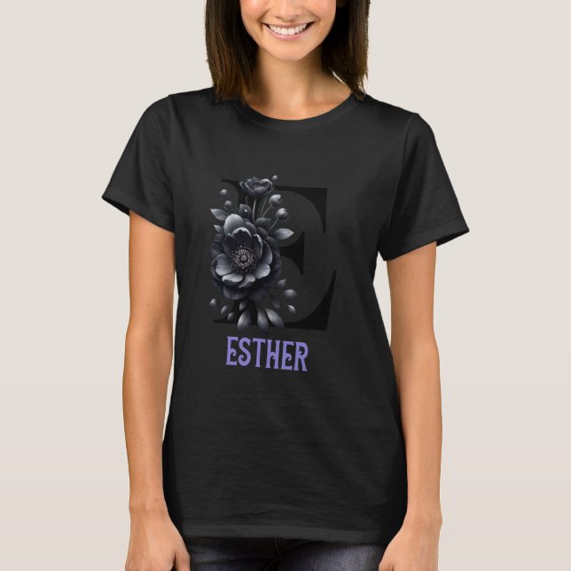 Black Floral Letter Esther Alphabet Girl Name T-Shirt (Front)