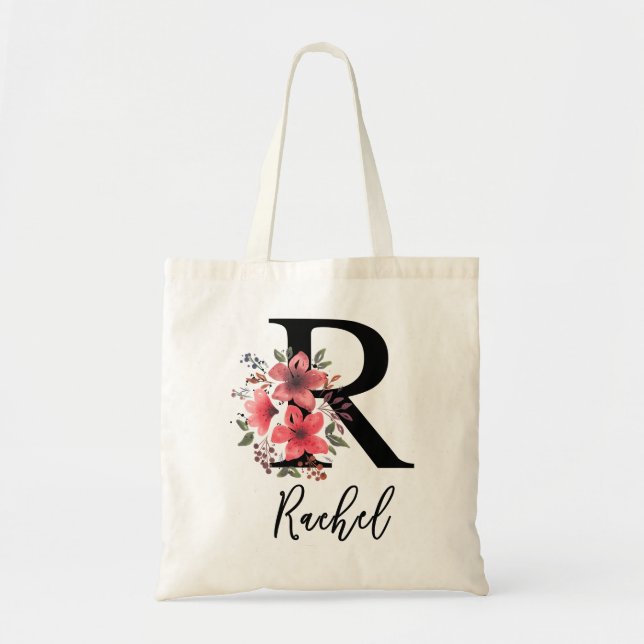 Black Floral Letter R Monogram with custom Name Tote Bag (Front)
