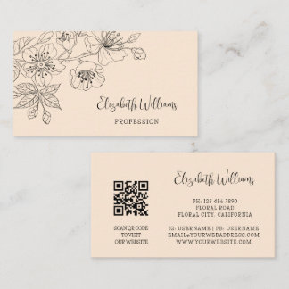 Black Floral Line Art Botanical QR-Code Business Card