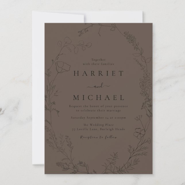 Black Floral Line-Art Wildflower Wreath Wedding Invitation (Front)