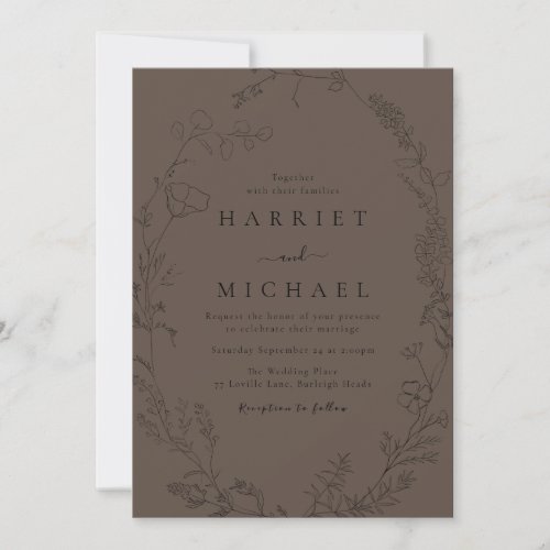 Black Floral Line_Art Wildflower Wreath Wedding Invitation