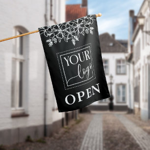 Black Floral Line Art Your Logo Open Business House Flag