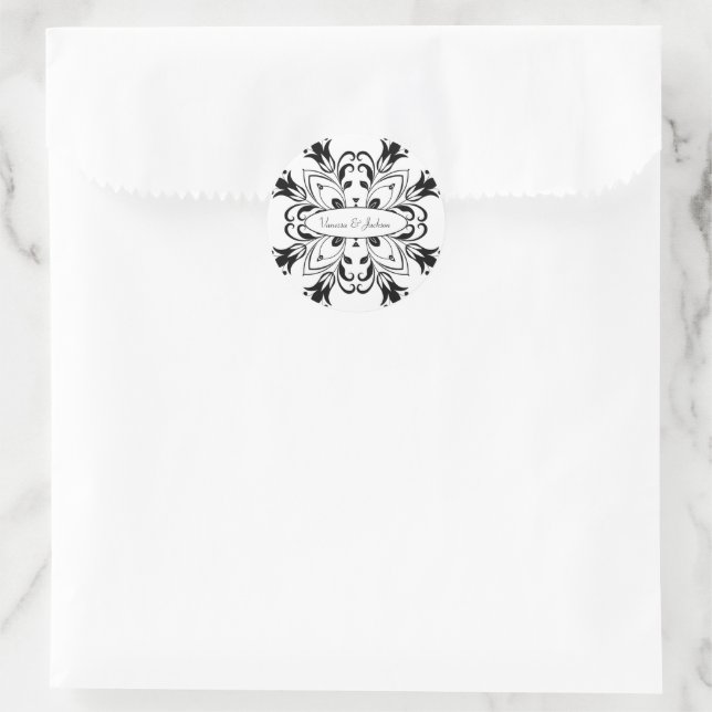 Black Floral Mandala Classic Round Sticker (Bag)