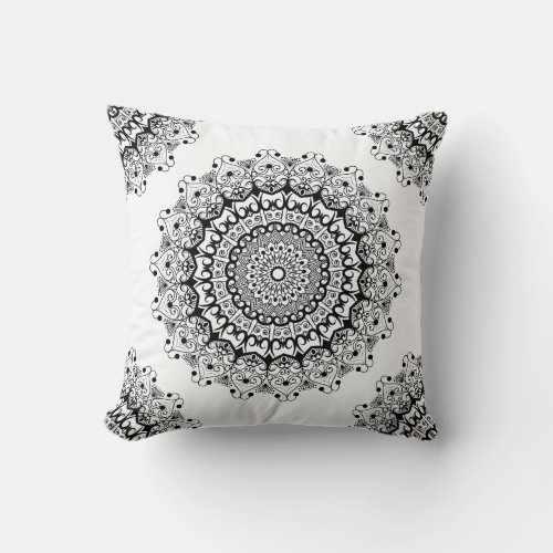 Black floral mandala on a white background throw pillow