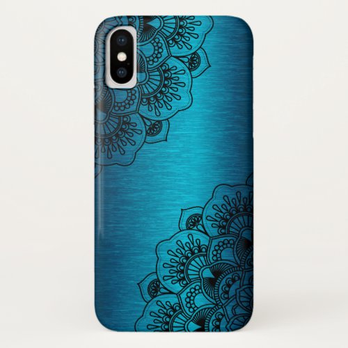 Black floral mandala on blue bmetallic background iPhone XS case