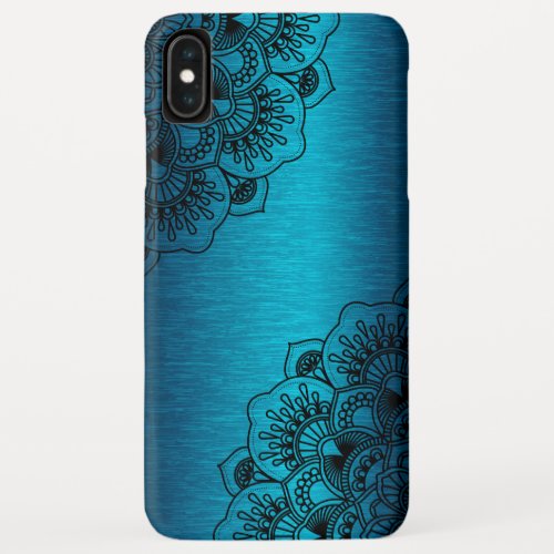 Black floral mandala on metallic blue background iPhone XS max case