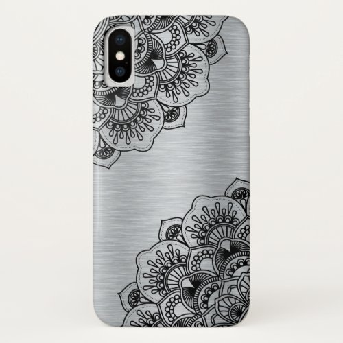 Black floral mandala on silver brushed aluminum iPhone x case