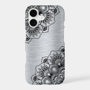 Black floral mandala on silver brushed aluminum iPhone 17 case