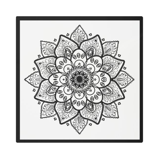 Black Floral Mandala On White Metal Print (Front)
