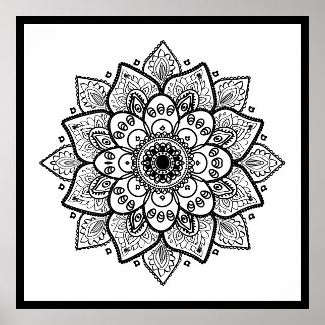 Black Floral Mandala On White Poster (Front)