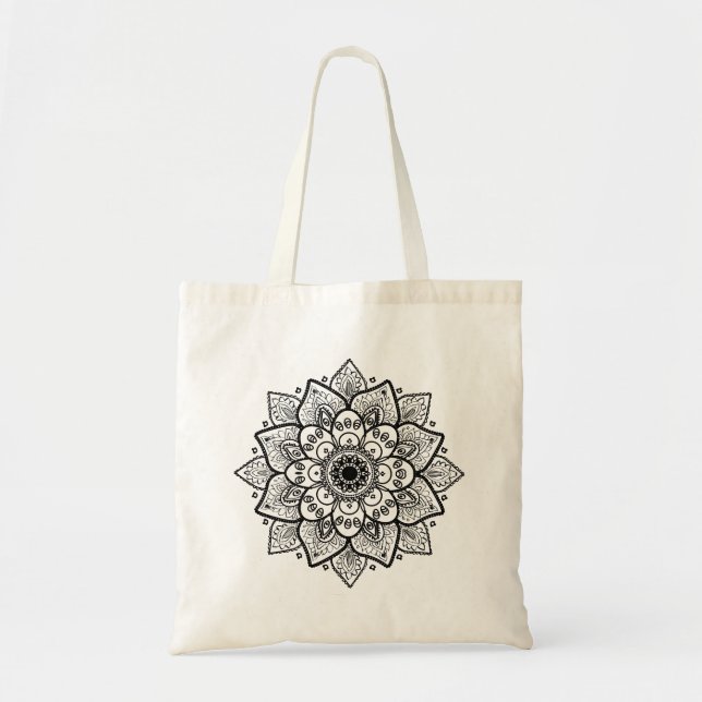 Black Floral Mandala Tote Bag (Front)