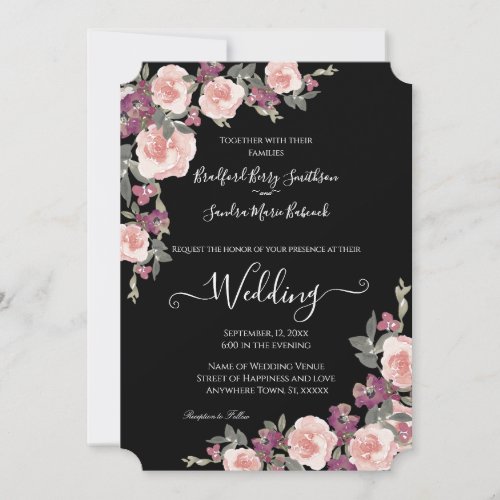 Black Floral Mauve Blush Pink Wedding Invitation