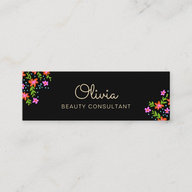 Black Floral  Mini Signature Script Business Card (Front)