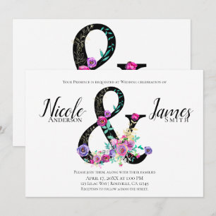 Black Floral Modern Ampersand Chic Spring Wedding Invitation