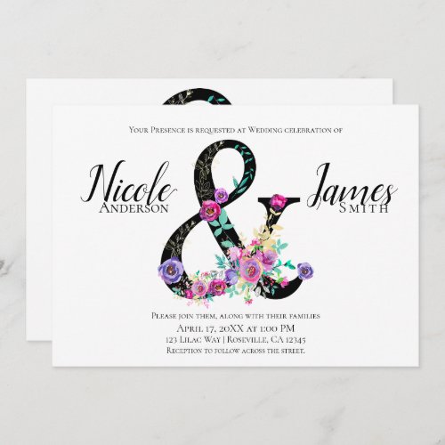 Black Floral Modern Ampersand Chic Spring Wedding Invitation