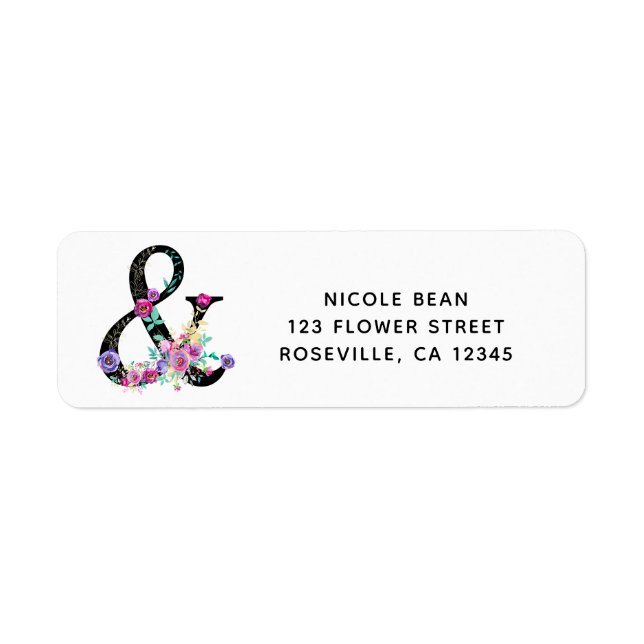 Black Floral Modern Ampersand Chic Spring Wedding Label (Front)