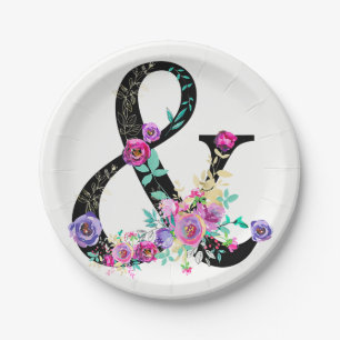 Black Floral Modern Ampersand Chic Spring Wedding Paper Plates
