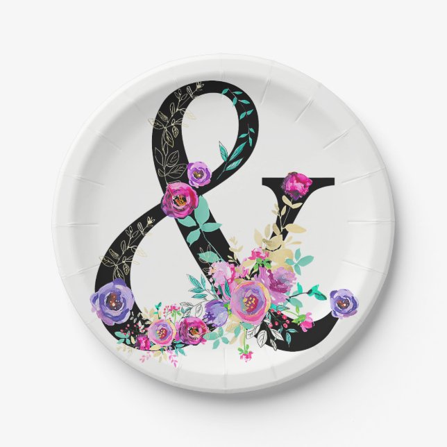 Black Floral Modern Ampersand Chic Spring Wedding Paper Plates (Front)
